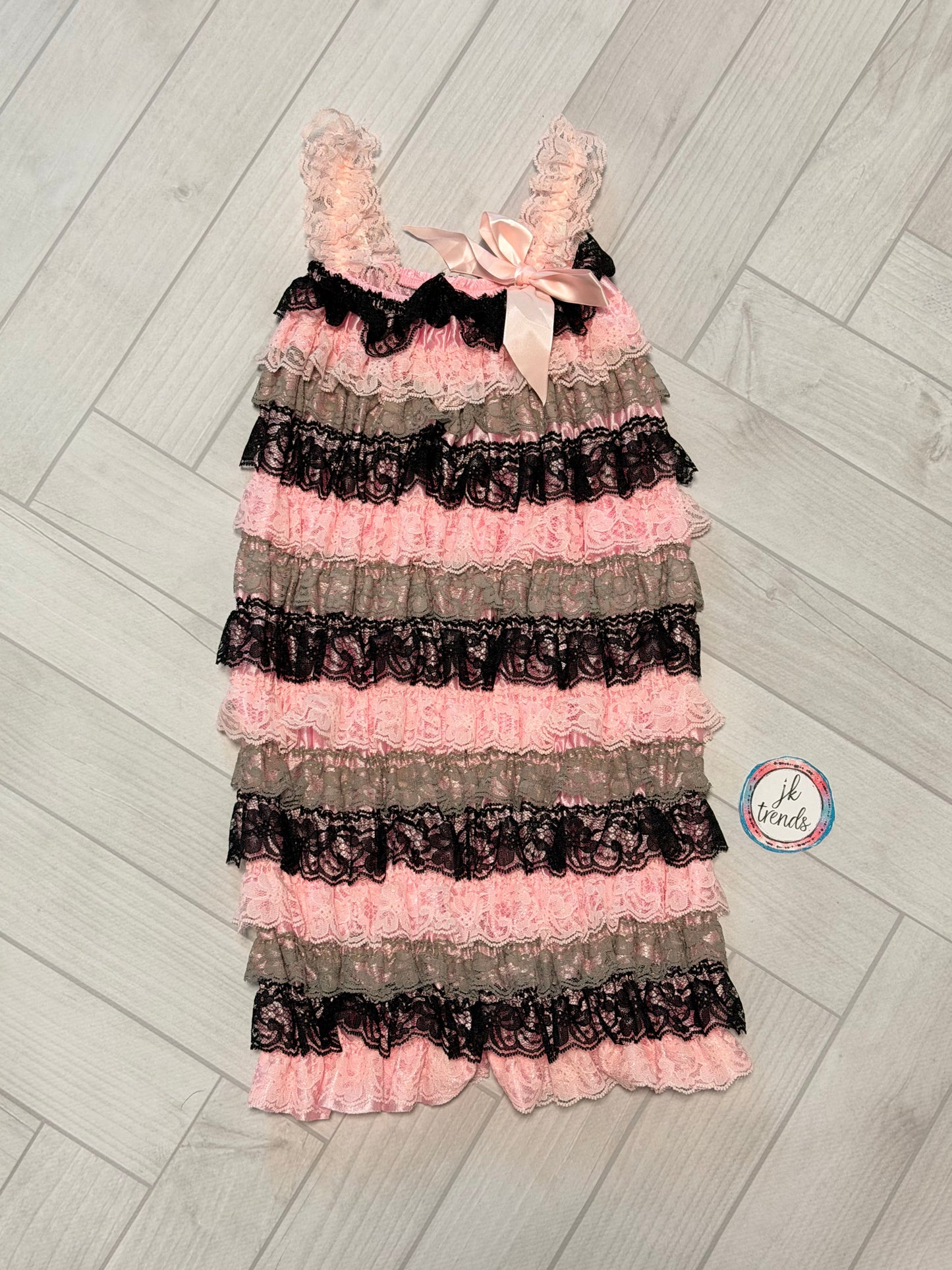 Pink, Gray and Black Lace Petti Romper