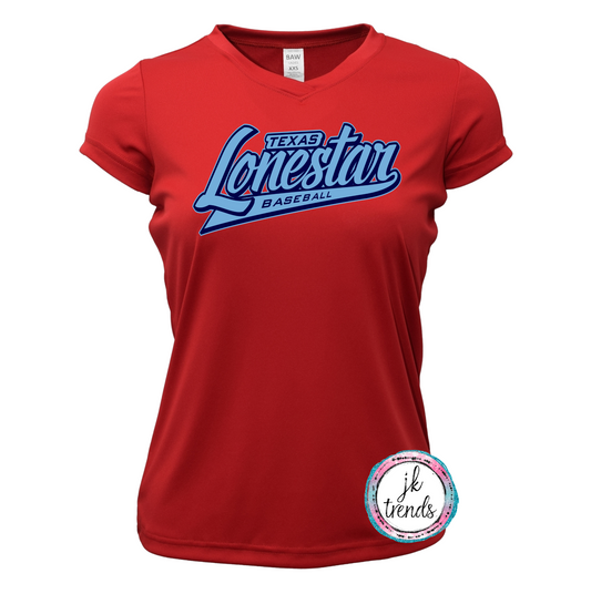 Texas Lonestar Baseball Script Ladies V-Neck Short Sleeve Drifit