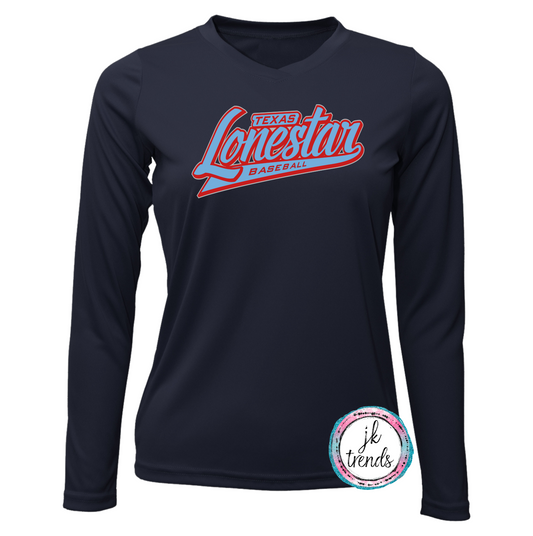 Texas Lonestar Baseball Script Ladies V-Neck Long Sleeve Drifit
