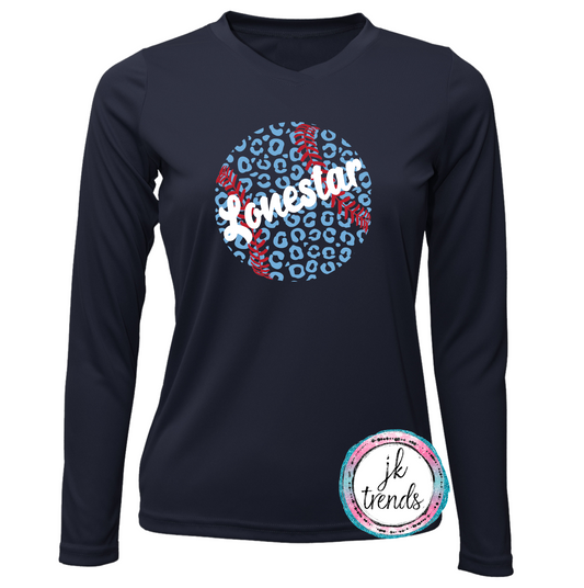 Texas Lonestar Leopard Baseball Ladies V-Neck Long Sleeve Drifit/Cotton