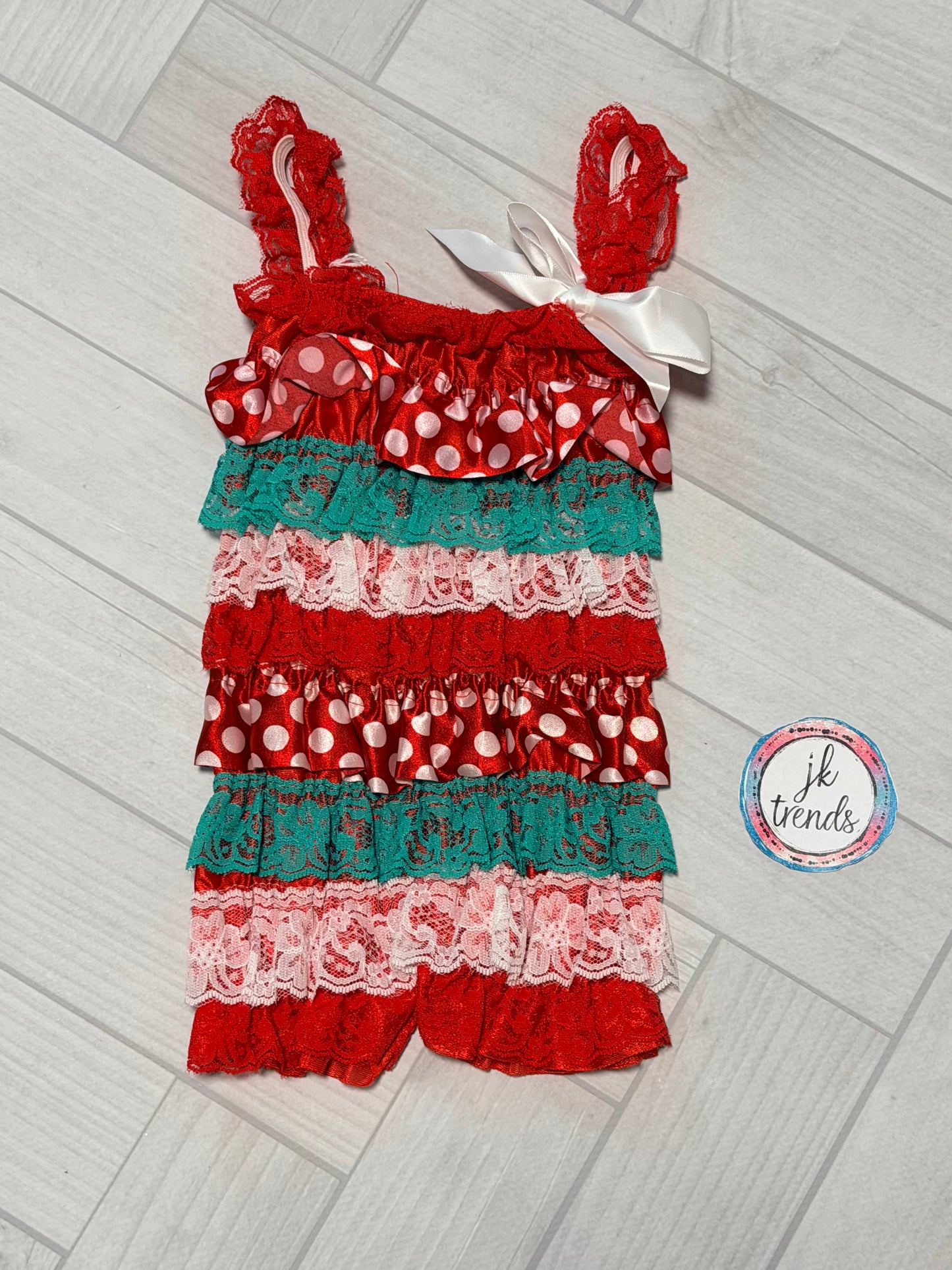 Green, Red, White Lace Petti Romper