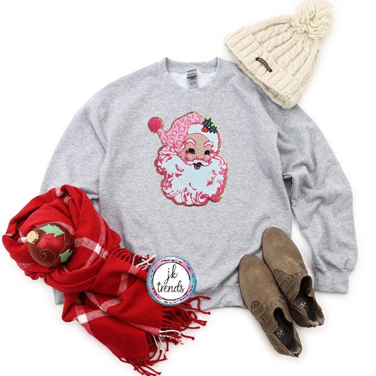 Pink Leopard Santa YOUTH Chenille Crewneck Sweatshirt