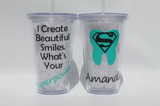 Dentist Appreciation" Acrylic Tumbler 16oz or 20oz - Thank You Gift - Beautiful Smiles - "What's your Superpower?" - Occupation