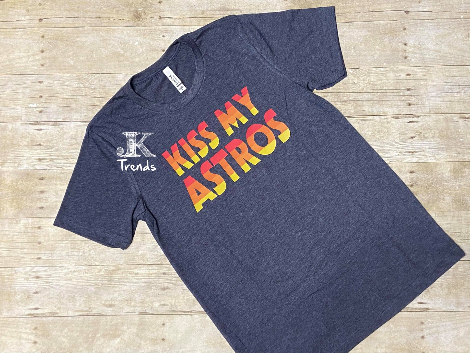 JK Trends Kiss My Astros Crew Neck T-Shirt Unisex Small / Heather Navy