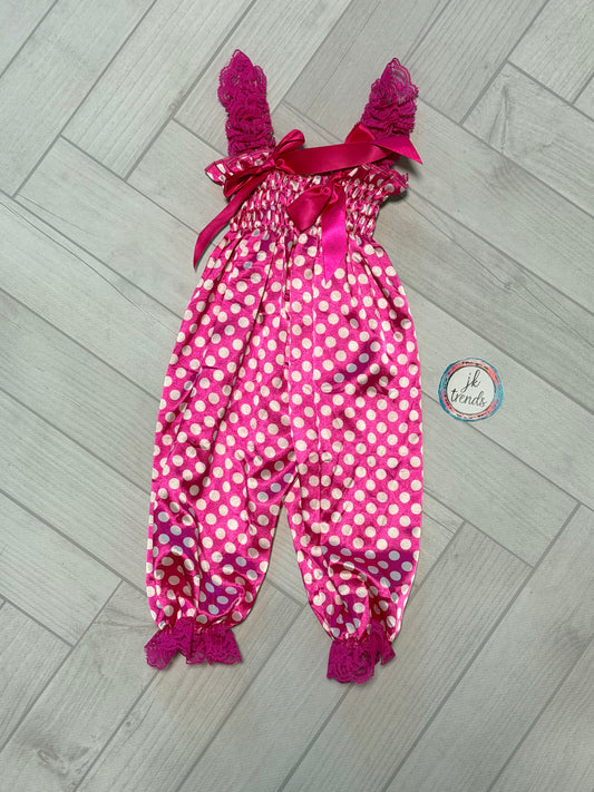 Pink and White Dots Lace Petti Romper