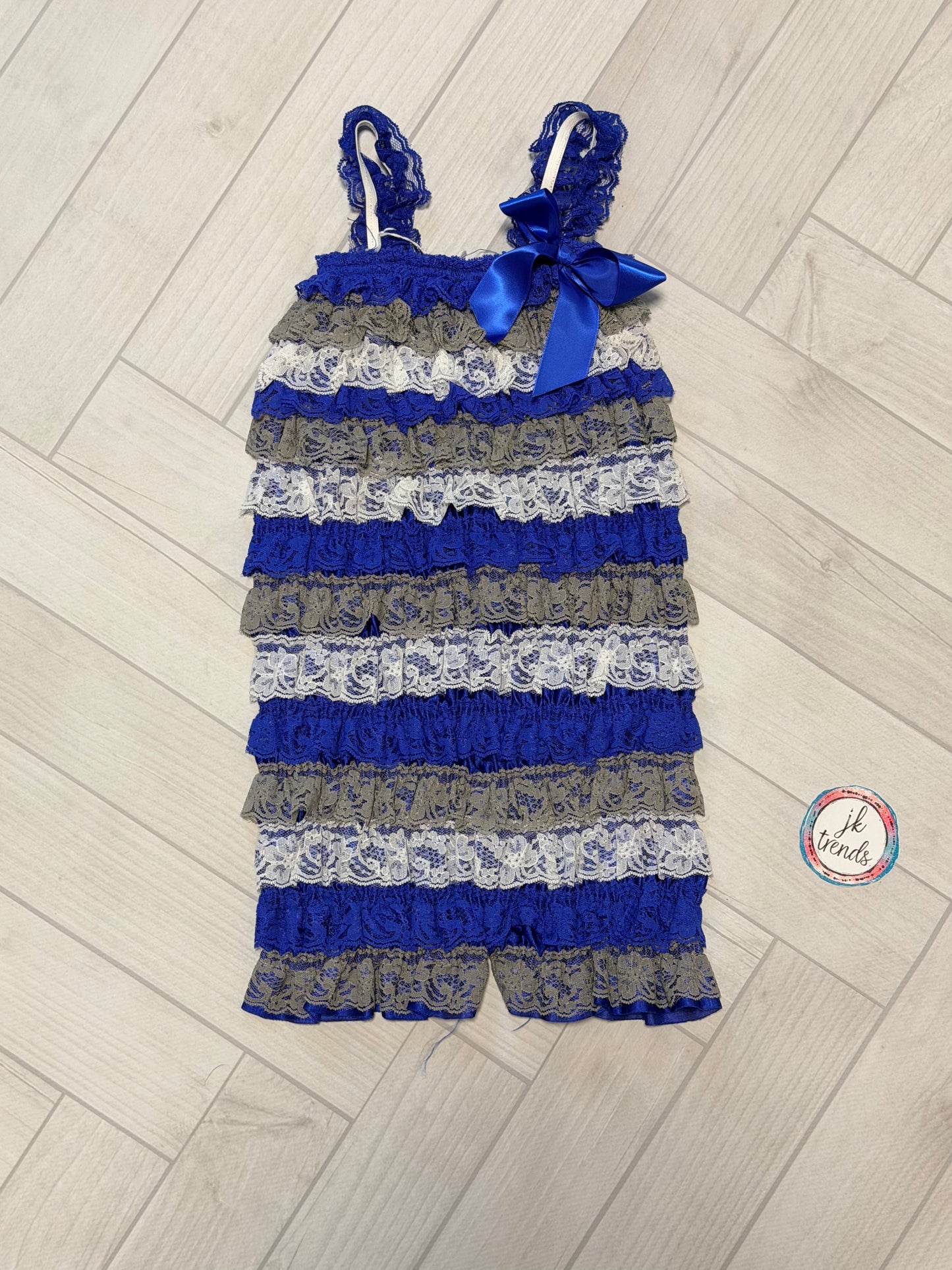 Blue, Gray and White Lace Petti Romper
