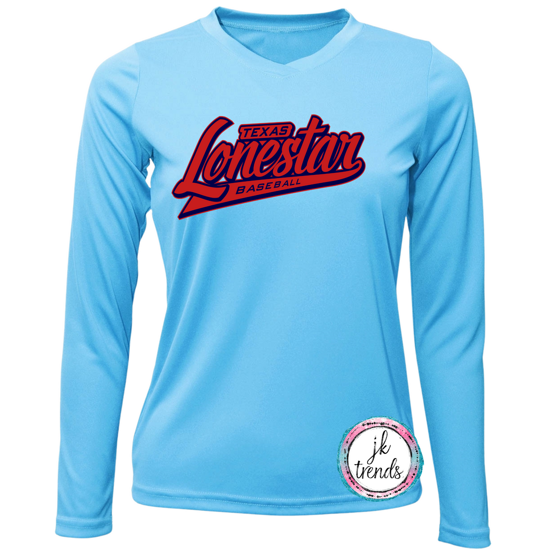 Texas Lonestar Baseball Script Ladies V-Neck Long Sleeve