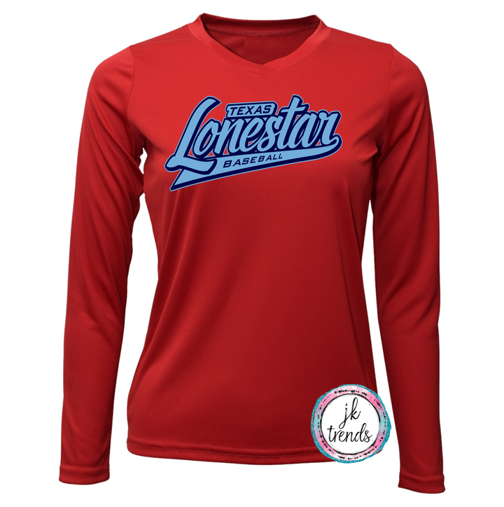Texas Lonestar Baseball Script Ladies V-Neck Long Sleeve
