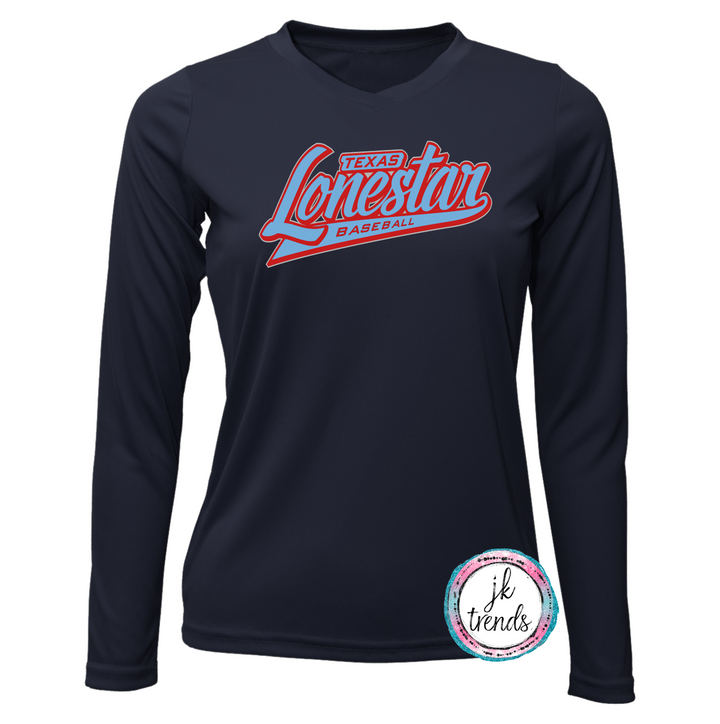 Texas Lonestar Baseball Script Ladies V-Neck Long Sleeve