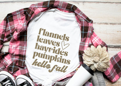 Flannels leaves hayrides pumpkins hello fall