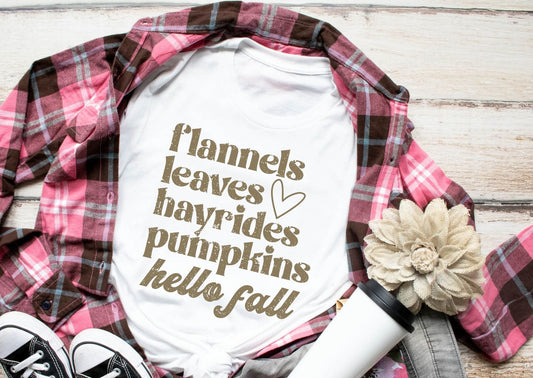 Flannels leaves hayrides pumpkins hello fall