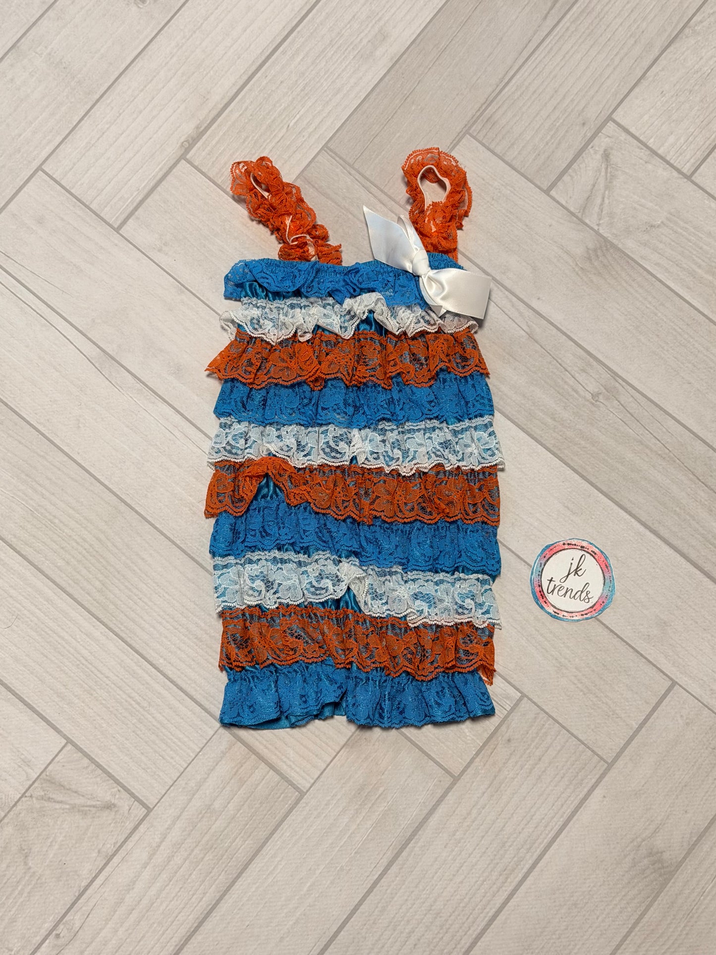 Orange, White, Turquoise Lace Petti Romper