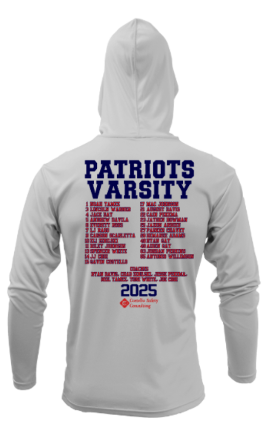 Patriots Varsity 2025 Football Team Roster Drifit Long Sleeve Hooded