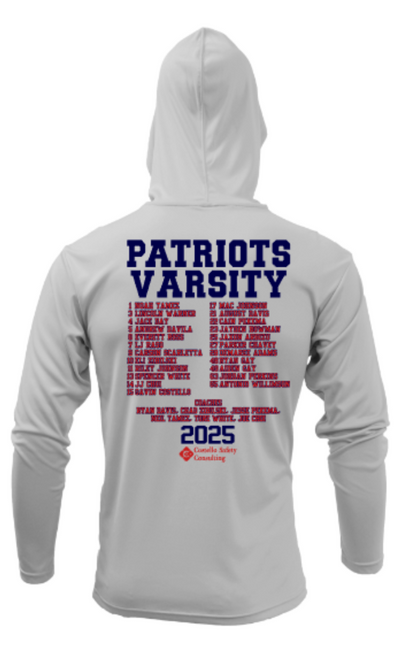 Patriots Varsity 2025 Football Team Roster Drifit Long Sleeve Hooded