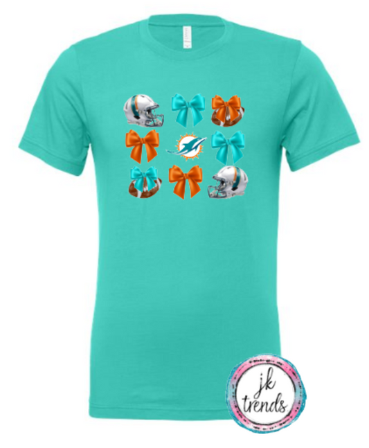 Dolphins Football Coquette Bow Bella Canvas Cotton Short Sleeve