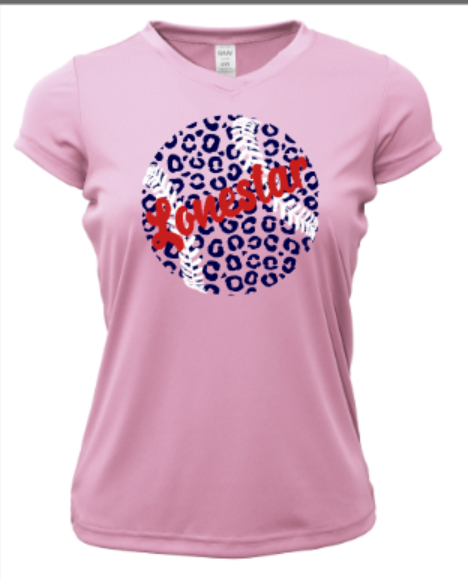 Texas Lonestar Leopard Baseball Ladies V-Neck Short Sleeve Drifit / Cotton