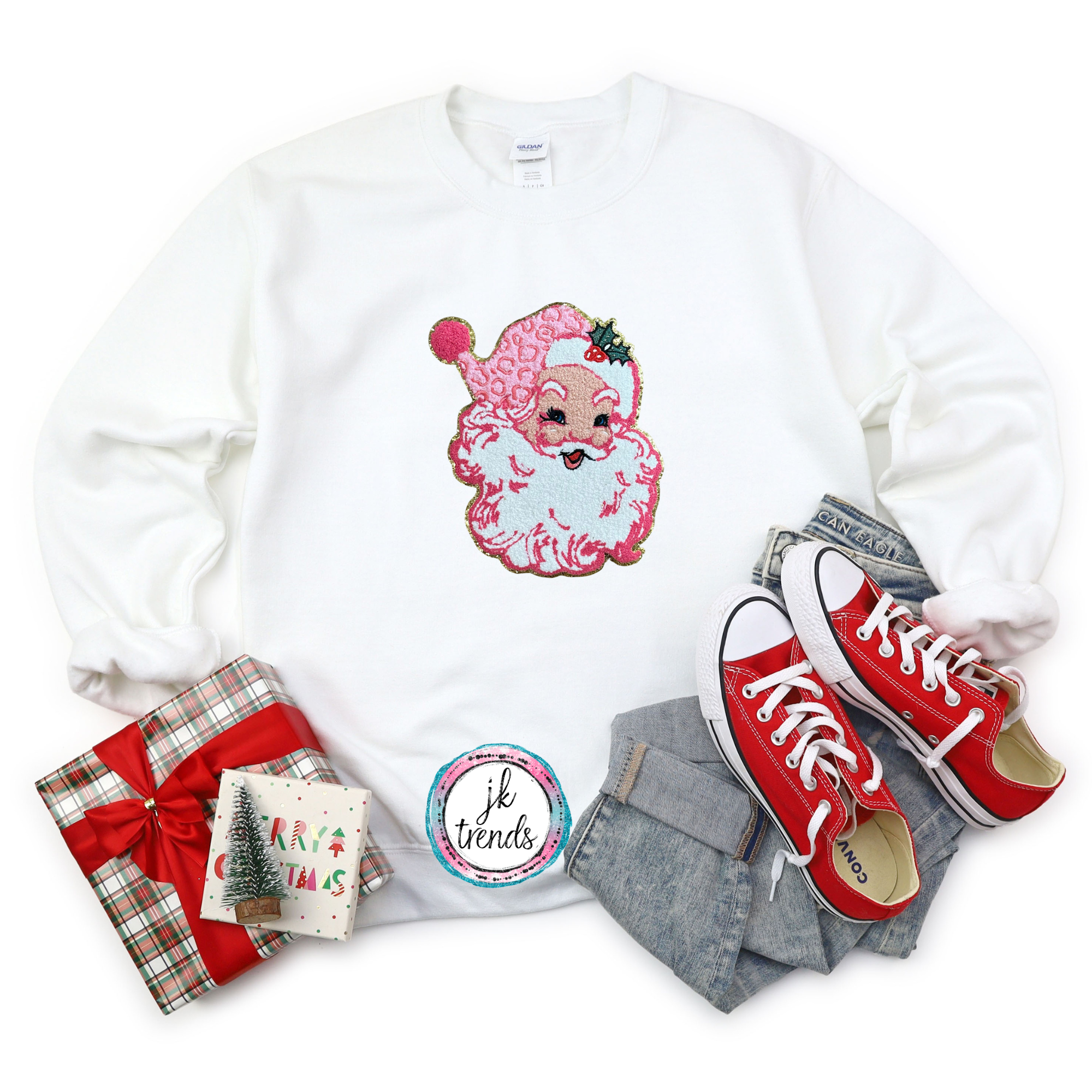 Pink Leopard Santa YOUTH Chenille Crewneck Sweatshirt