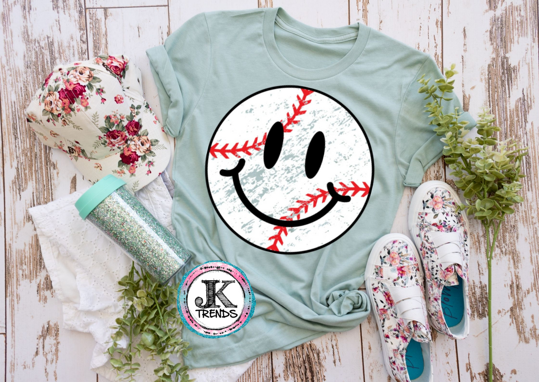 Distressed Smiley Face Baseball Bella Canvas Crew Neck Adult