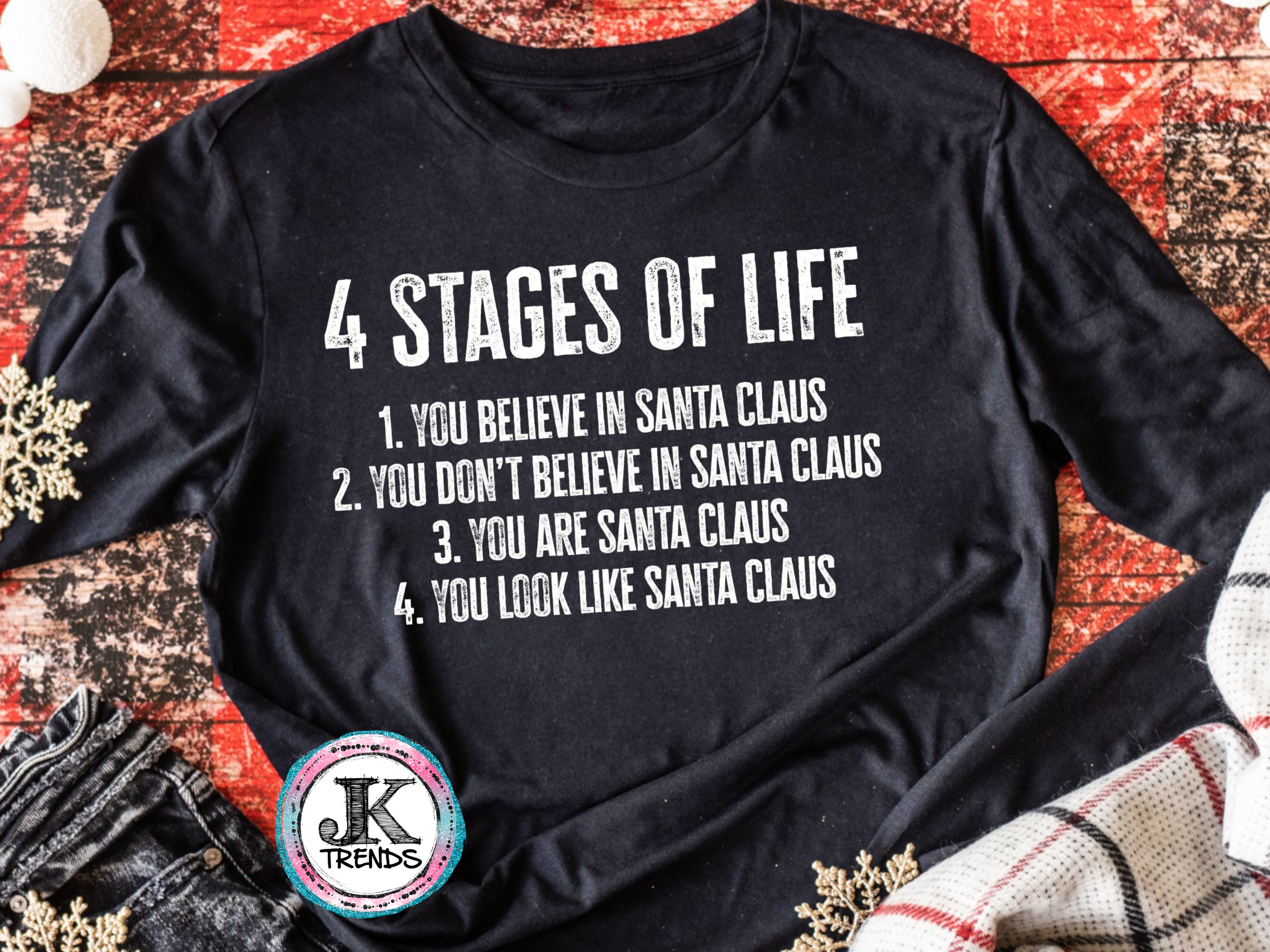 4 Stages of Life Santa Christmas Holiday Bella T Shirt Crew Neck