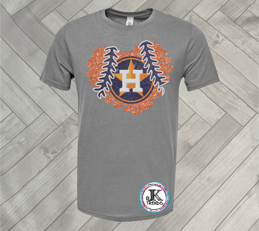 Astros Glitter Faux Heart Baseball Houston Short Sleeve Shirt