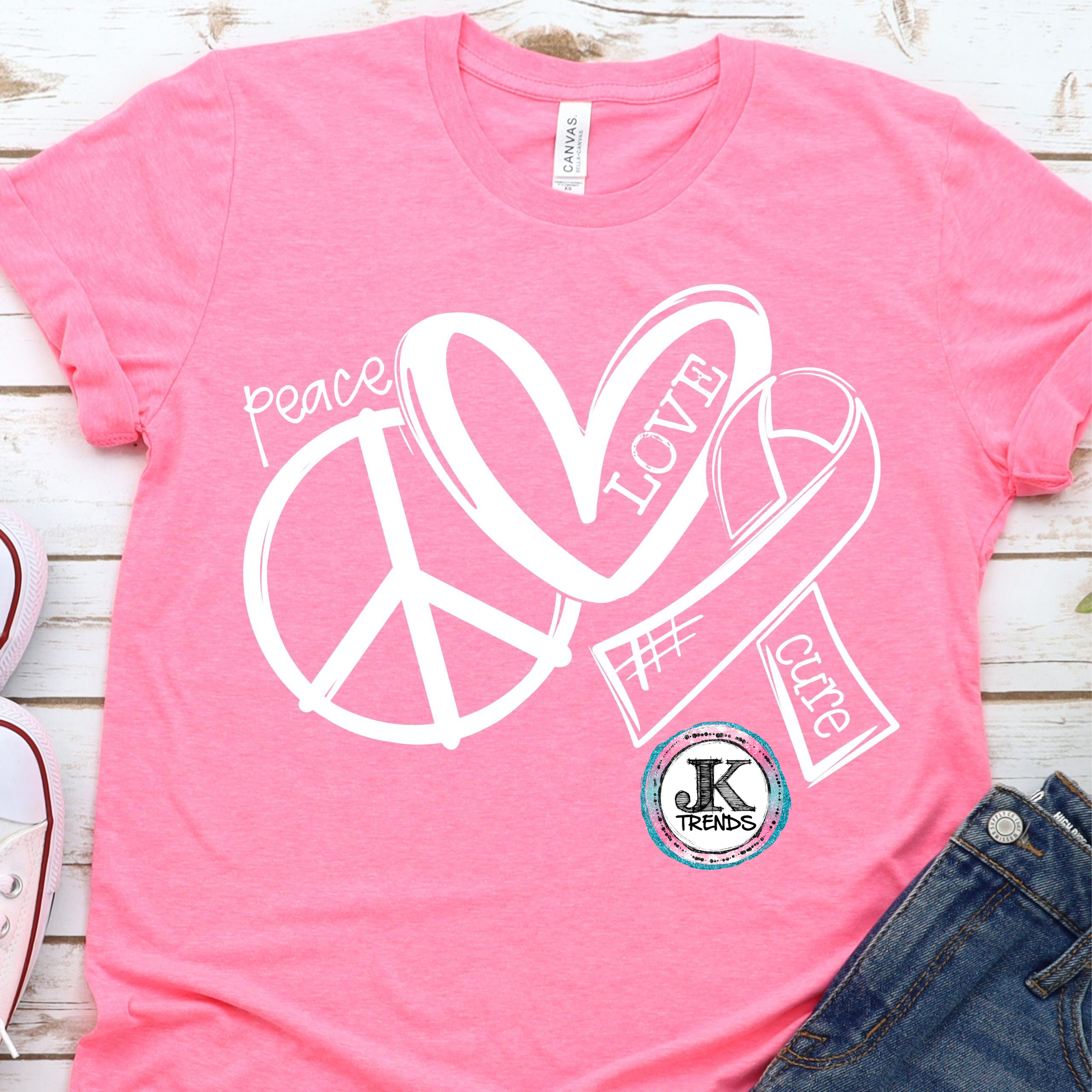 Peace Love Cure Cancer Awareness Bella T Shirt Crew Neck