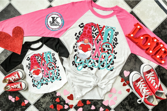XOXO Y'all Gnome Print Valentine’s Day Youth (short sleeve)