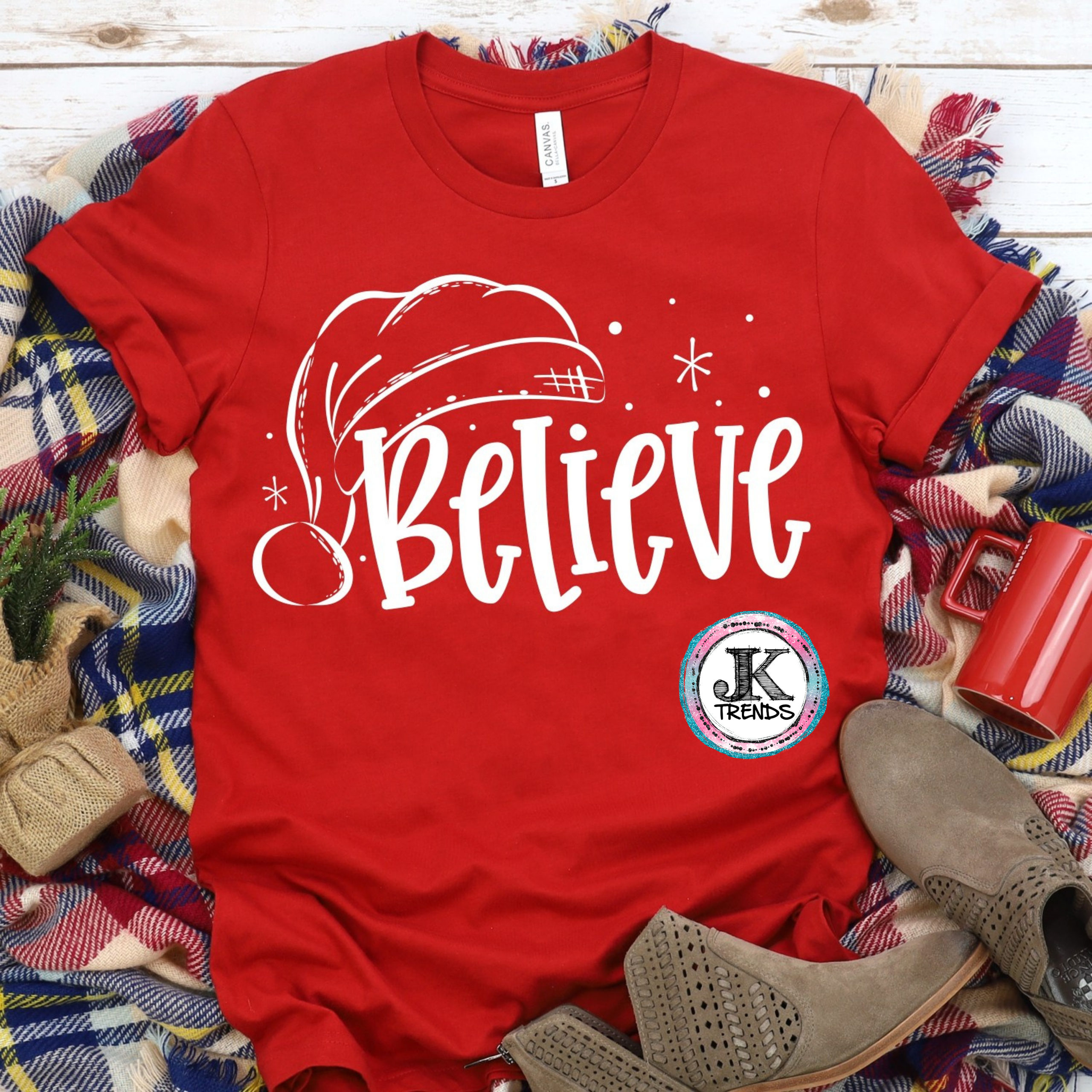 Believe Santa Hat Funny Graphic Shirt Holiday ADULT Bella Canvas