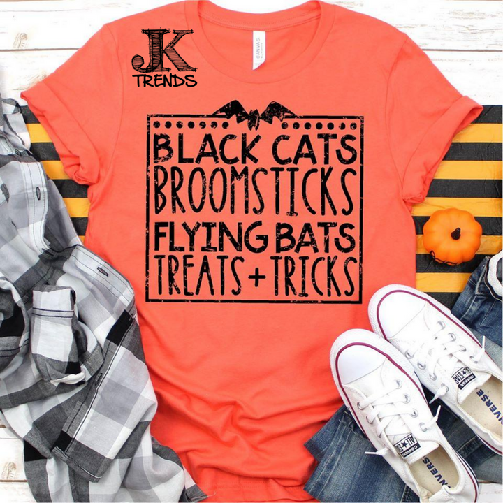 Black Cats Broom Sticks Flying Bats Tricks and Treats Halloween Shirt