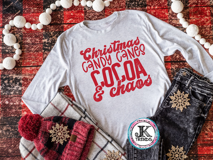 Christmas, Candy Canes, Cocoa and Chaos Christmas Holiday Bella T Shirt Crew Neck SHORT Sleve