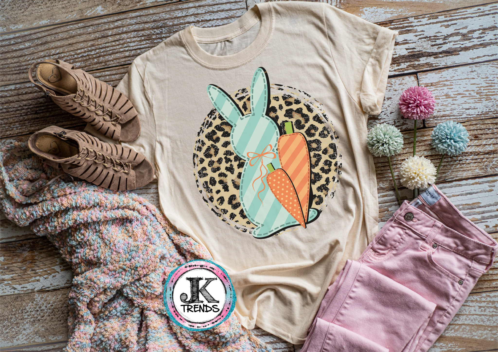 Bunny Carrot Leopard Color Easter Adult Crew neck T Shirt