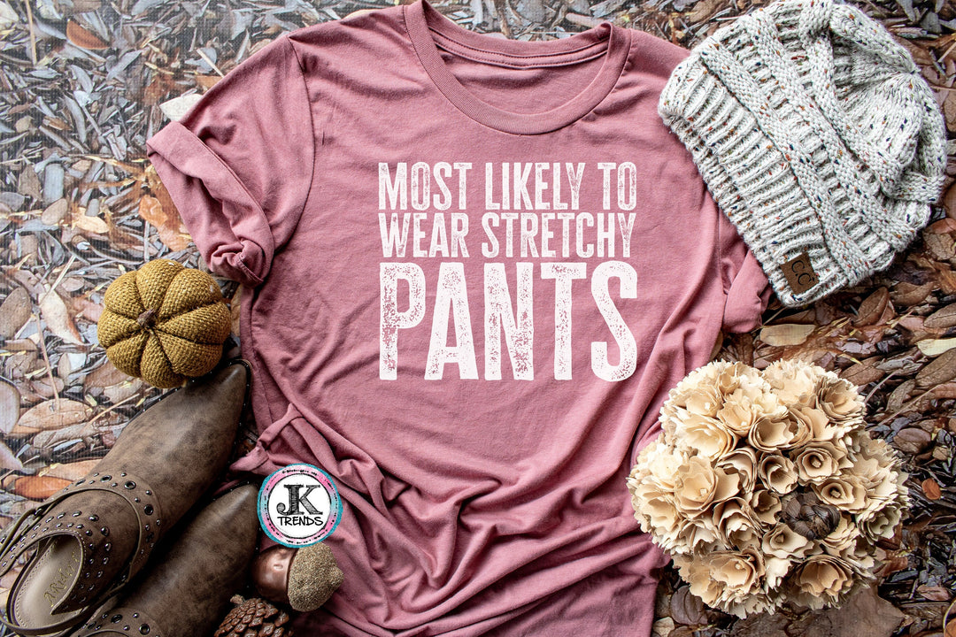 Most Likely to Wear Stretchy Pants Holiday Bella Canvas Humor funny shirt
