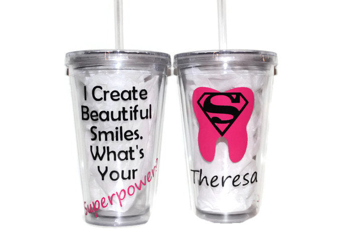Dentist Appreciation" Acrylic Tumbler 16oz or 20oz - Thank You Gift - Beautiful Smiles - "What's your Superpower?" - Occupation
