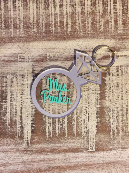 Diamond Engagement Ring Personalized Keychain - Monogrammed - Engagement - Couple - Marriage - Bachelorette - Party - Gift - Mrs. - Bride