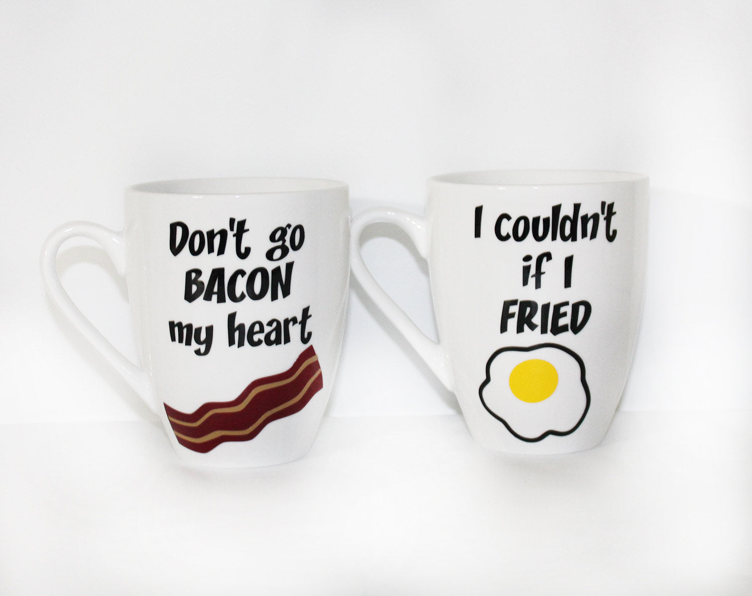 Don't go Bacon my Heart - I couldn't if I fried - Quote - Unisex - Bacon and Eggs Personalized Breakfast Ceramic Mug Set - Gift - Valentine
