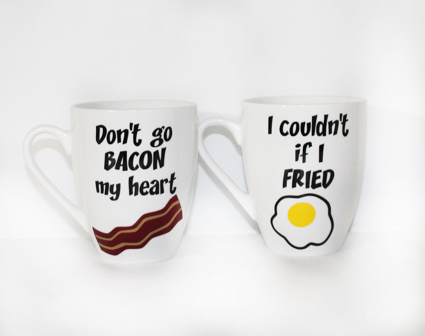 Don't go Bacon my Heart - I couldn't if I fried - Quote - Unisex - Bacon and Eggs Personalized Breakfast Ceramic Mug Set - Gift - Valentine