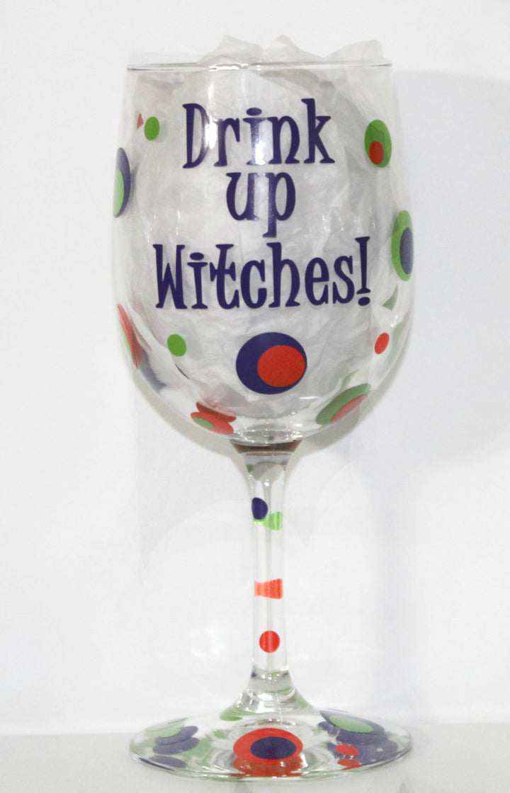 Drink up Witches! Halloween Wine Glass - Name - Party - Celebration - Gift Idea - Women - Holiday - Costume - Birthday - Bachelorette