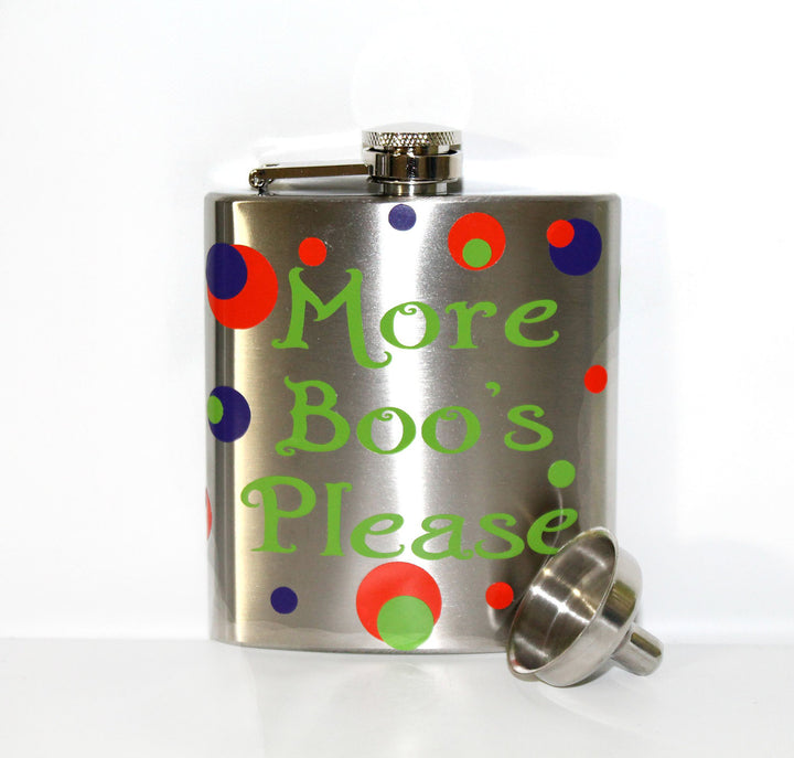More Boo's Please" Stainless Steel Flask with Funnel - Halloween - Birthday - Party - Celebration - Gift - Ghost - Themed - Men