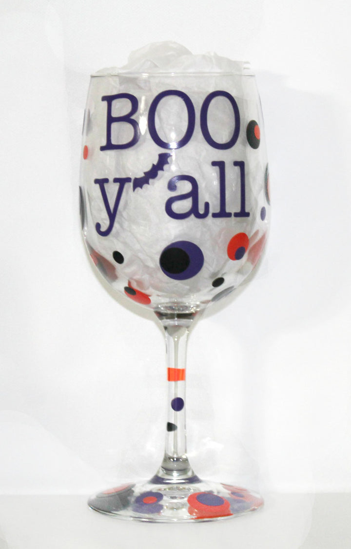 Cute "Boo Y'all" Halloween Wine Glass - Name - Party - Celebration - Gift Idea - Women - Holiday - Costume - Birthday - Bachelorette