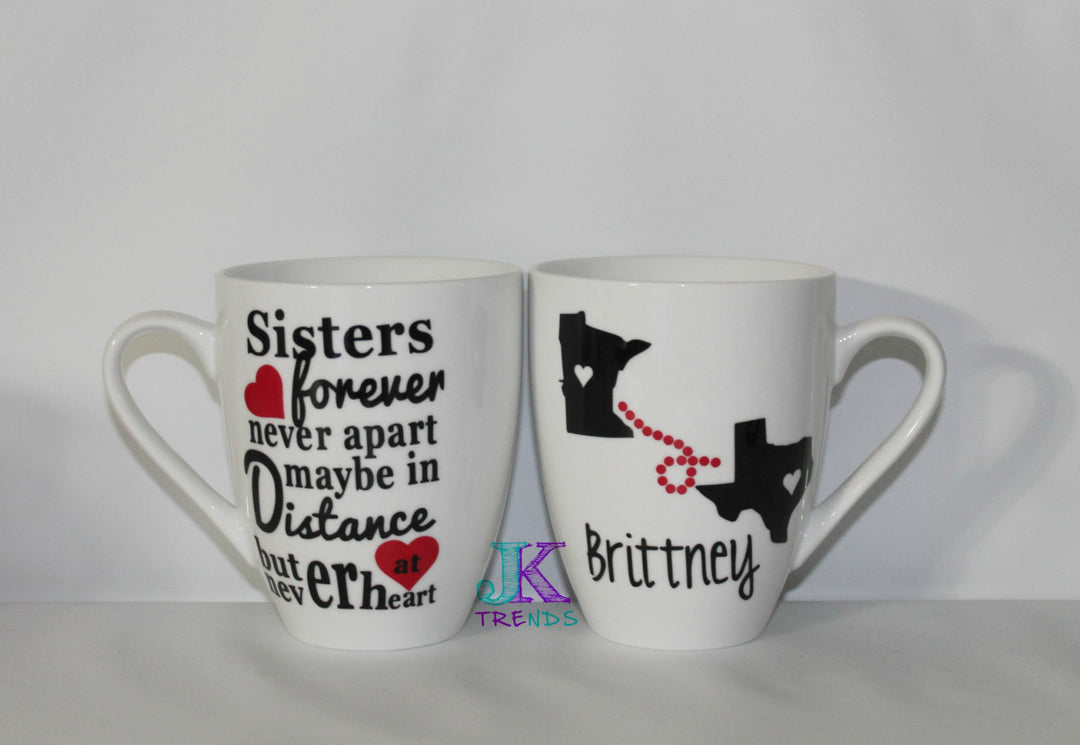 Never Apart Sisters Personalized Mug - Gift - Birthday - "Sisters forever, never apart maybe in distance but never at heart" - Poem -